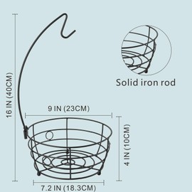 DIYZON Countertop Fruit Basket Bowl with Banana Hanger, Modern Standing Fruit Vegetable Bowl Storage, Storage Basket Fruit with Fruit Hook, Suitable for Kitchen Countertop (Round Metal, Black)