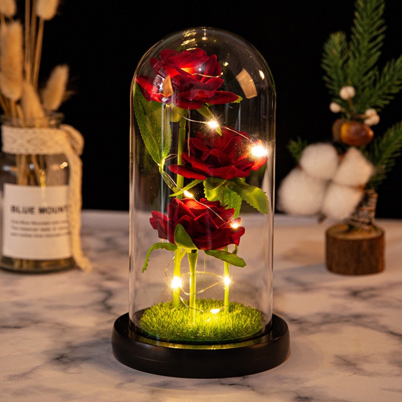 Glass Dome Rose Ornament LED Strip Light Blessing Romantic Glass