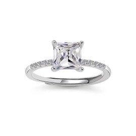 Princess Cut Diamond Engagement Ring for Women 925 Sterling Silver Size Adjustable Promise Ring Diamond Ring (Silver)