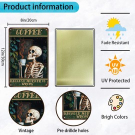 KIYOYO Vintage Coffee Skull Tin Sign Skeleton Old Fashioned Because Murder Is Wrong Metal Tin Sign Poster 12x8 Inch Home Restaurant Coffee Shop Wall Decor