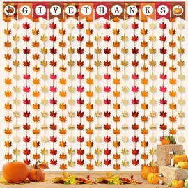 Thanksgiving Party Decorations 2Pack 3.3 x 6.6 ft Red Gold Orange Maple Leaves Foil Fringe Curtains with a Give Thanks Banner Thanksgiving Wall Decorations, Metallic Streamers for Party Home (Maple)