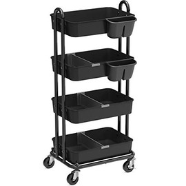 SimpleHouseware 4-Tier Multifunctional Rolling Utility Cart with Basket Dividers and Hanging Buckets, Black