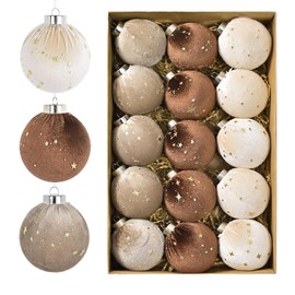 15 PCS Christmas Ball Ornaments, 3.15 Inch Velvet Shatterproof Christmas Decorations for Xmas Holiday Star Brown Neutral Tree Ornaments Vintage Hanging Decor