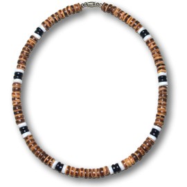 Native Treasure 17" Mens and Womens Tropical Summer Beach Surfer Necklace From the Philippines, Brown Coconut Beads and White Ark Shells, Mens Summer Necklace
