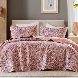 Comfort Spaces Valerie Boho Quilt Set Full/Queen Pink - Reversible Lightweight Bedding with Watercolor Medallion, Cozy All Season Quilt for Guest Room, Dorm, Teen or Adult Bed