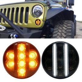Aexploer for JK Front Turn Signal LED Lights Running Lamps Compatible with Wrangler JK JKU 2007-2018,White Vertical LED Bar as Daytime Running Lights,Amber Yellow LED as Turn Signal(Smoked Lens)