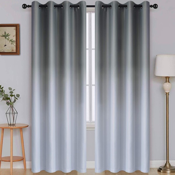 SimpleHome Ombre Room Darkening Curtains for Living Room, Light Blocking Gradient Gray to Grey White Thick Thermal Insulated Grommet Window Curtains/Drapes for Bedroom, 2 Panels, 52x84 inches Length