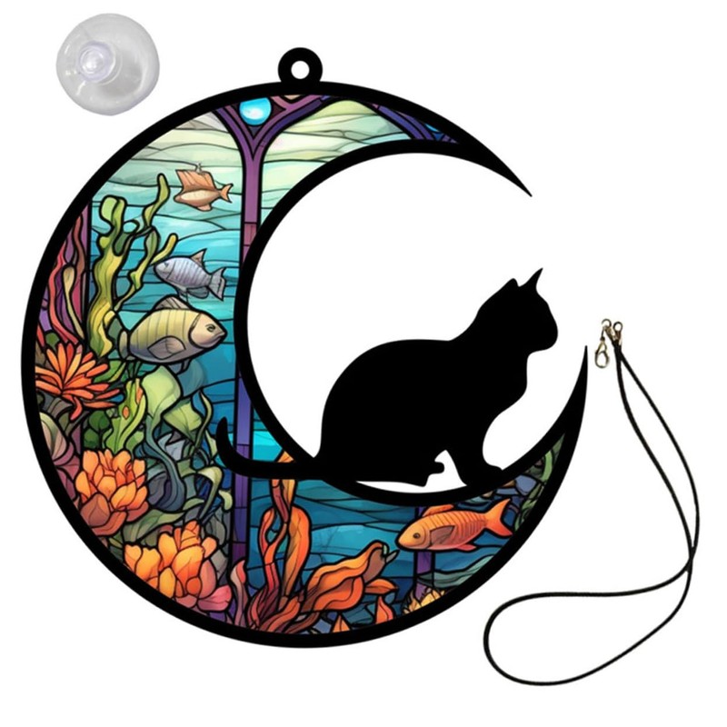 Levemolo Acrylic Cat Hanging Ornament Decorative Moon Shaped Window Decor