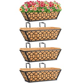Riare 4 Pack 16 Inch Window Boxes Planters with Coco Liner, Metal Deck Railing Planter Boxes, Balcony Planters Railing Hanging, Horse Trough Window Flower Planter Boxes for Outdoor Porch Fence Patio