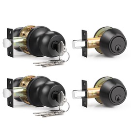 Brotima 2 Pack Entry Door Knob Lockset and Single Cylinder Deadbolt Combination Set in Matte Black Finish, Keyed Alike Exterior Knob Lock and Deadbolt for Front Door and Outside Gate