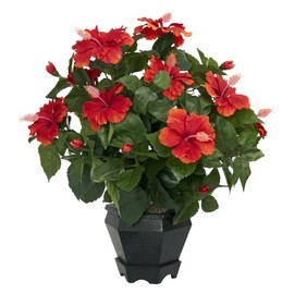 Nearly Natural Hibiscus with Black Hexagon Vase Silk Plant