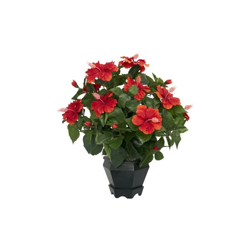 Nearly Natural Hibiscus with Black Hexagon Vase Silk Plant