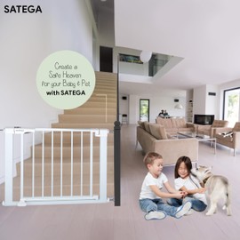 SATEGA Baby/Pet Door & Stairs Safety Gate with 4-Mode Chime System | Extra Security for Children & Pets | Auto-Close, Adjustable Width | Alarm & Doorbell Sounds