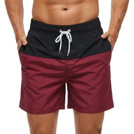 SILKWORLD Men's Swim Trunks Quick Dry Bathing Suit, Beach Shorts with Mesh Lining,Black/Wine Red,X-Large