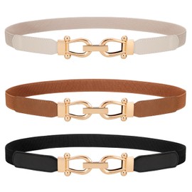 WERFORU 3 Pack Women Ladies Skinny Elastic Waist Belt Gold Buckle Stretchy Thin Belt for Dress Jeans,Black+Brown+Beige
