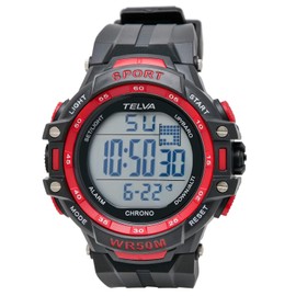 Clefer TE-D281-RD Men's Digital Sports Watch, Waterproof, Multifunctional, Urethane Strap, Black, Black