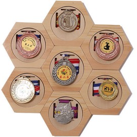 YANQINQIN Premium Honeycomb Medal Display Stand Set of 7 - Hexagonal Rubber Wood Holders for Basketball, Running, Swimming Awards & More - Stitch-Free Punch Design for Easy Display