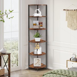 6 Tier Corner Shelf 63.1" Tall Ladder Corner Storage Shelf Rack Industrial Standing Shelf Organizer Display Rack with Rustic Bookshelf Bookcase Plant Stand for Living Room Bedroom Brown CS-001RB