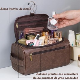 Neceser Hombre Portátil de PU Piel,Cosmetiquera de Viaje Grande Impermeable con Gancho y Asa,Bolsa Aseo de Baño Multifuncional,Regalo Perfecto para Bodas,Cumpleaños para Maridos y Padres-Marrón Oscuro