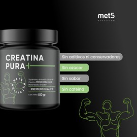 Creatina Monohidratada Micronizada de Alta Pureza | Met 5 Nutrition | Sin sabor y Sin olor | Bote de 450 gramos | Porciones para 3 meses (90 porciones)