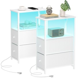 TUTOTAK Small Narrow LED End Table with Charging Station, Side Table Outlets, Nightstand with 2 Cloth Drawers, Set of 2, Couch Table, for Living Room, Bedroom, Bedside, White TB01BW056