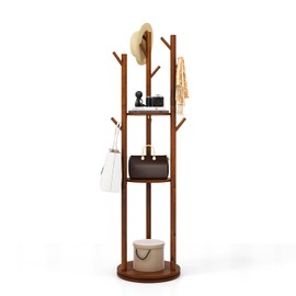Tangkula Coat Rack Freestanding, Rotary Wooden Coat Tree with 3 Display Storage Shelves & 9 Hooks for Coats, Scarves, Hats & Bags, 66 Inches Coat Hanger Stand for Entryway, Bedroom, Office (Walnut)