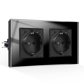 CNBINGO Double Socket with USB Connection, 2 x (USB-A and Type-C Port Max. 2.1 Amp Total), Flush-Mounted Socket with Claws, Schuko Socket with Glass Frame in Black, 2-Way