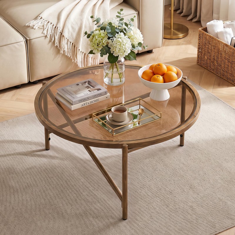 Round Coffee Table, 31.5" Glass Top Center Table Metal Frame,