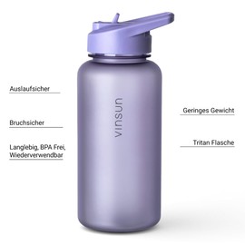 Vinsun Drinking Bottle 1 Litre with Straw Lid - Tritan, BPA-Free, Leak-Proof - Lightweight Water Bottle for Fitness, Gym, Travel, School, Sports - Sports Drinking Bottle Purple
