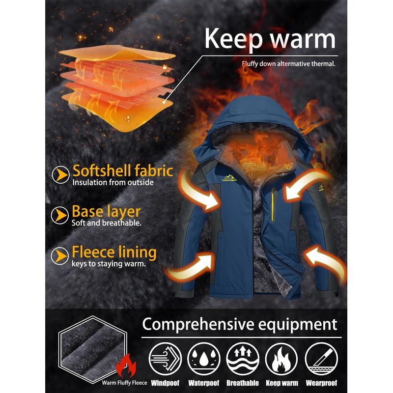 TACVASEN Waterproof Jackets for Men Skiing Jacket Windproof Winter Coats