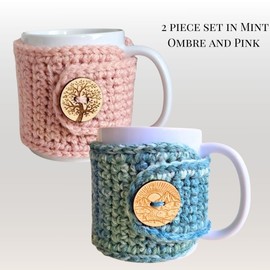 Winter Mug Sweater, Tree of Life Mug Cozy Sleeve, Holiday Cup Cover (Rose Pink and Mint Ombre)
