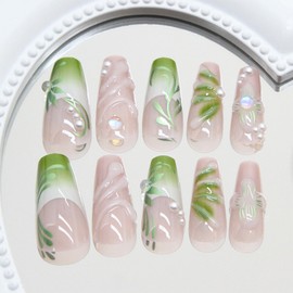24pcs French Tip Press on Nails Long Coffin Fake Nails with 3D Flower Vines Pearl Designs Summer False Nails Green Floral Stick on Nails 3D Acrylic Nail Tips Full Cover Glue on Nails for Women