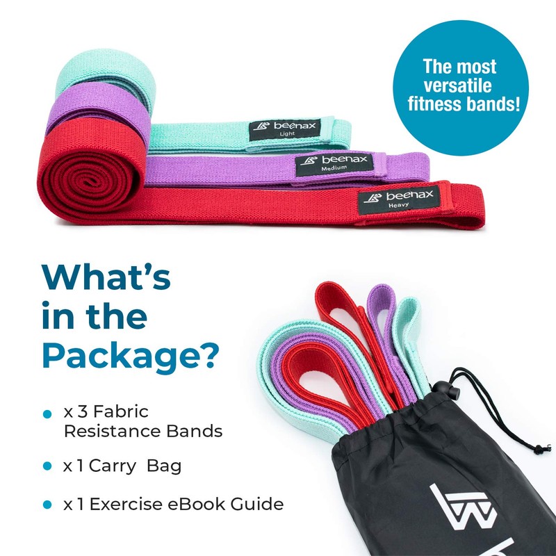 Beenax Long Resistance Bands (Set of 3), Fabric Exercise Bands