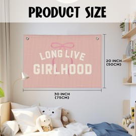 Wheatwin Long Live Girlhood Banner, Girl Nursery Decor, Toddler Girl Room Decor, Pink Bow Girls Room Wall Decor, Long Live Girlhood Linen Banner Wall Hanging Canvas Banner Flag 20x30 Inch