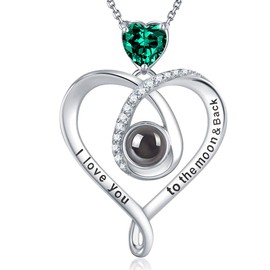 GinoMay Birthday Gifts for Women, Heart Necklace, I Love You 100 Languages, Garnet Amethyst Aquamarine Emerald Blue Sapphire Peridot Pink Stone Jewellery, January February Birthstones, 925 Silver, Stone Metal, Emerald