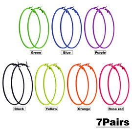 Aylifu 7 Pairs 80s Colorful Big Hoop Earrings Retro Neon Earrings Open Beading Hoop Dangle Earrings Accessories for Women Gift Wedding Party Favor, 7 Colors