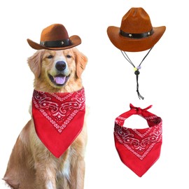 AWOCAN Dog Cowboy Hat & Bandana Scarf (Coffee, Adjustable, Large) - Cute Pet Apparel Costume for Dogs & Cats - Holiday Party Decoration & Surprise Gift