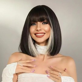 Queentas 13 Inch Short Bob Wigs for Women Straight Black Gray Mix Synthetic Hair Wig with Bangs