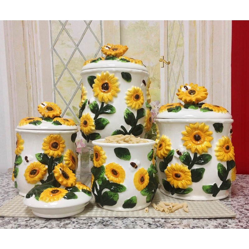 ACK 4PCs 3D Sunflower Hand Painted Ceramic Canister with Lid,