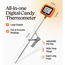 Digital Candy Thermometer with Pot Clip, Instant Read Kitchen Thermometer for Cooking, Baking, and Candy Making – 10" Stainless Steel Probe, LCD Display, Essential Baking Tool