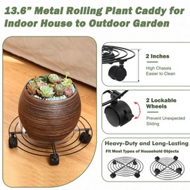 5 Packs Large Metal Plant Caddy 13.8” Plant Dolly with Wheels Heavy-Duty Wrought Iron Rolling Plant Stand with Casters for Indoor and Outdoor Plant Pot Rollers Black, Plastic Saucers Included