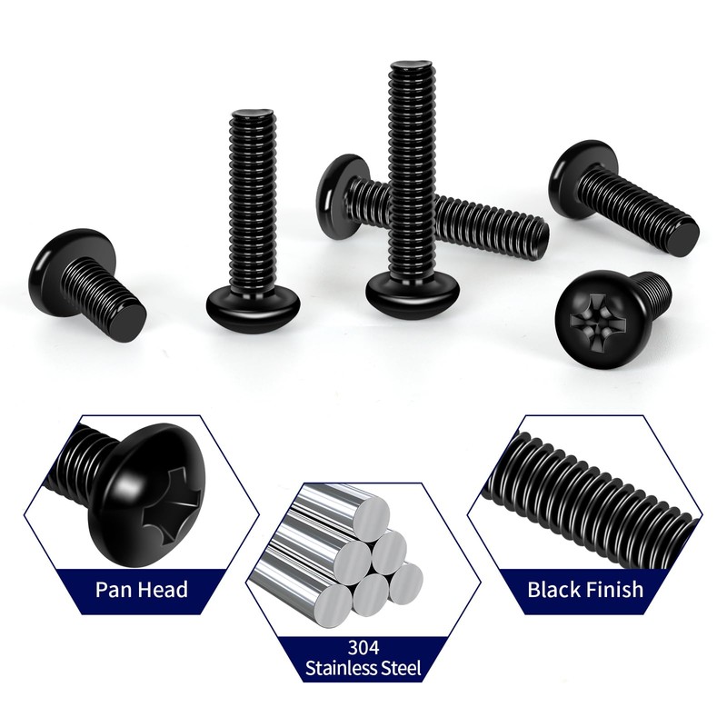#10-24 x 1/4" Black Pan Head Cross Machine Screw, Stainless