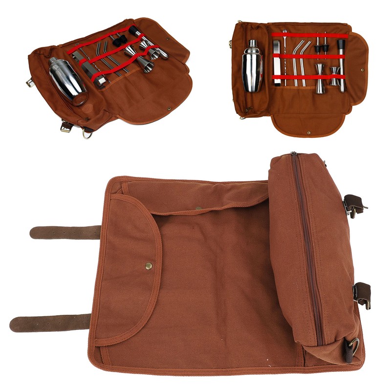 Bartender Tool Bag Canvas Leather Bartender Roll Bag Portable Multiple