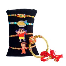 SATVIK Set of 5 – 2 Bhaiya Rakhdi + 1 Bhabhi Lumba + 2 Rakhi for Brother | Traditional Handmade Rakhi Set with Puja Plate, Roli Chawal, Greeting Card & Sita-Ram Sticker | Raksha Bandhan (Design 4)
