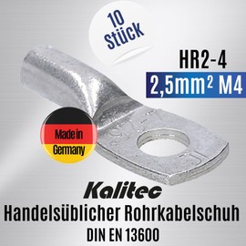 Kalitec HR2-4 Standard Tube Cable Lugs 2.5 mm² M4 I Without Viewing Hole I Made in Germany Pack of 10