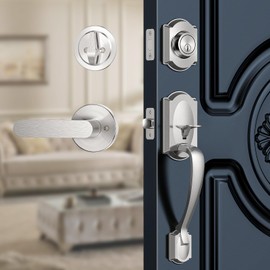Calzibeno Front Door Handle Sets, Entry Door Handle Exterior and Interior Reversible Lever, Vintage Front Door Handle and Deadbolt Set, Front Door Lock Set for Right or Left Handed Door, Satin Nickel