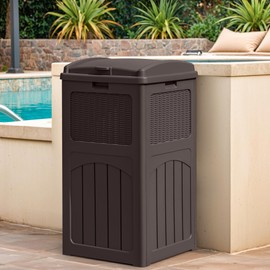 Greesum 33 Gallon Outdoor Trash Can with Lid, Waterproof Resin Garbage Bin for Hideaway, Deck, Patio, Brown