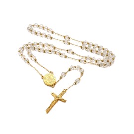 FaithHeart Saint Christopher Rosary Necklace for Men, Stainless Steel Blessed Rosaries Bead Necklace for Men White Beads