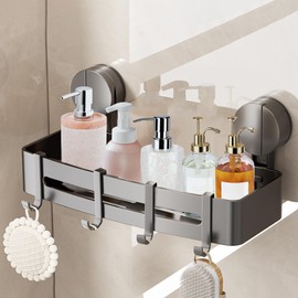 LURICO Suction Cup Shower Shelf No Drilling with 4 Hooks, 32 cm Long, 10 kg Load Capacity, Shower Shelf Suction Cup with Removable and Rustproof Shampoo Holder - Grey