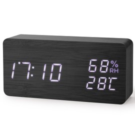 Virklyee Wooden Digital Cube Alarm Clock with LED Temperature Display, 12/24 HR, 3 Levels Adjustable Brightness, with USB Charging Port (Rectangle, Black)